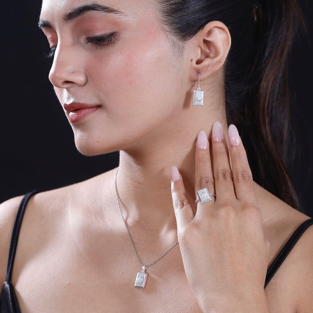 Set of Two, White Diamond Bar Earrings and Pendant in Sterling Silver